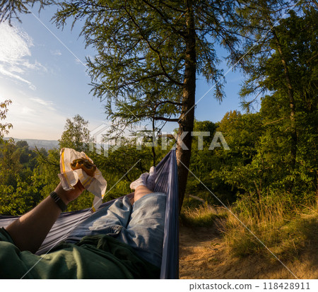 Relaxing in a Hammock with a Sandwich 118428911
