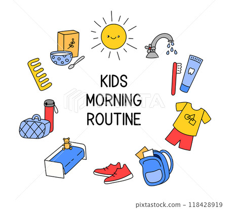 Kids morning routine vector illustration. Clipart, objects, daily tasks for kids before school. Preparation to week day. Funny clip art 118428919