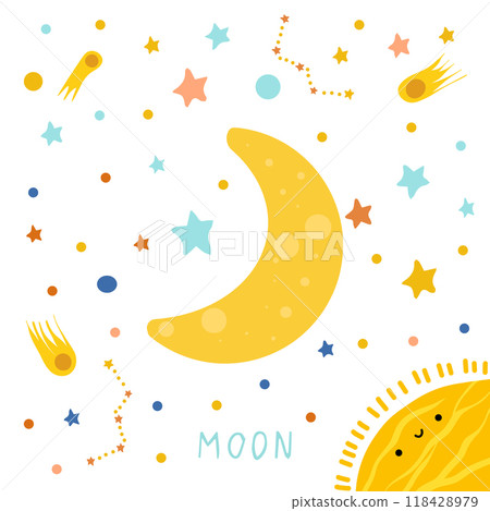Solar system of planets for kids. Moon with cartoon face. Vector illustration. Cartoon planet. Solar system of planets for kids. Moon with cartoon face. Vector illustration. Cartoon planet. 118428979
