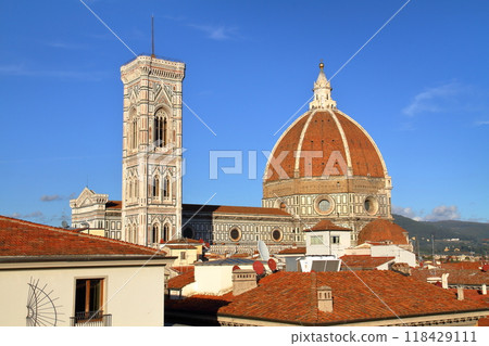 View of the Duomo Cupola and Giotto's Bell Tower in the historic center of Florence, Tuscany, Italy, a World Heritage Site 118429111
