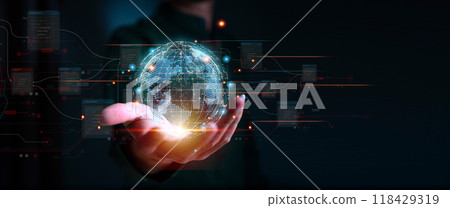 Businessman hand holding the earth global virtual shown corporate future growth year 2023 to 2024. New Goals with Plans and Visions for Next Year 2024, Opportunity, challenge and business strategy. 118429319