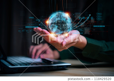 Businessman hand holding the earth global virtual shown corporate future growth year 2023 to 2024. New Goals with Plans and Visions for Next Year 2024, Opportunity, challenge and business strategy. 118429320