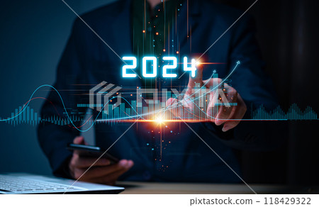 Businessman touching increase arrow graph corporate future growth year 2023 to 2024. New Goals with Plans and Visions for Next Year 2024, Opportunity, challenge and business strategy. 118429322