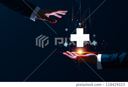 Businessman touching to plus sign for positive sign such as more benefit thinking and mindset concept. Benefit plus positive. 118429323