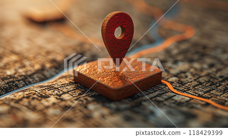 Detailed representation of travel map location with glow marker on textured terrain. Generative AI 118429399