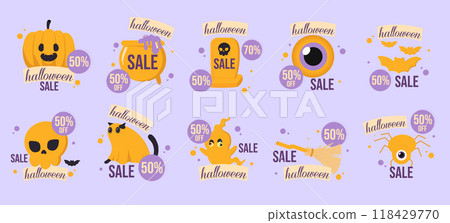 Halloween Sale Banners with Spooky Icons and Discount Tags on Purple Background 118429770