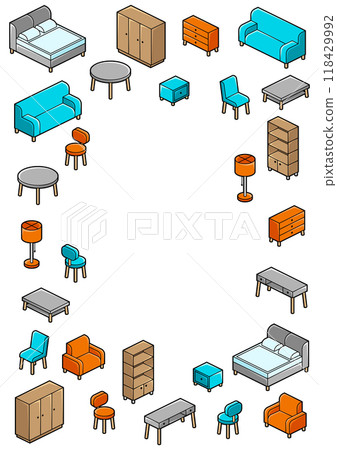 Home furniture isometry background. Domestic and office furniture and equipment. 118429992