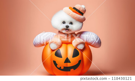 Funny Puppy dog in halloween festival costume on pastel background. Halloween Concept. 118430121