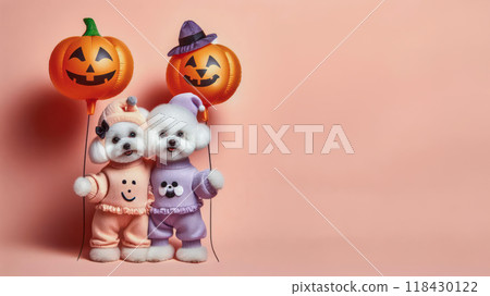 Funny Puppy dog in halloween festival costume on pastel background. Halloween Concept. Funny Puppy dog in halloween festival costume on pastel background. Halloween Concept. 118430122