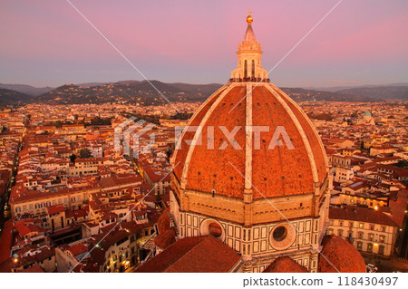 Evening view of the Duomo Cupola from Giotto's Campanile in the historic center of Florence, Tuscany, Italy, a World Heritage Site 118430497