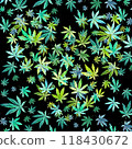 Green, mint, blue cannabis pattern on black background, green leaves Hand drawn watercolor illustration Green, mint, blue cannabis pattern on black background, green leaves Hand drawn watercolor illustration 118430672
