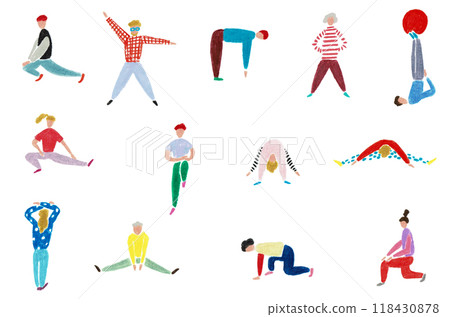 各年齡層的男性和女性做體操的手繪插圖 118430878