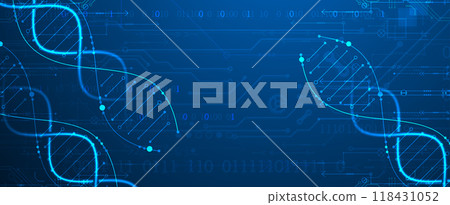 Scientific and technological background. Image of dna molecule with technological elements. Hand drawn vector. Scientific and technological background. Image of dna molecule with technological elements. Hand drawn vector. 118431052