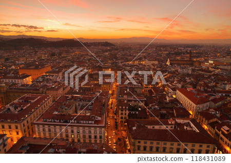 Florence, Tuscany, Italy, Southern Europe: Sunset sky and night view of the old town from Giotto's Campanile in the historic center of the World Heritage Site 118431089