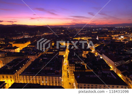 Florence, Tuscany, Italy, Southern Europe: Sunset sky and night view of the old town from Giotto's Campanile in the historic center of the World Heritage Site 118431096