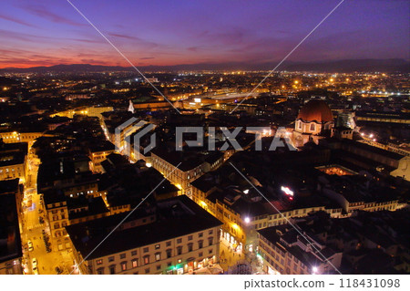 Florence, Tuscany, Italy, Southern Europe: Sunset sky and night view of the old town from Giotto's Campanile in the historic center of the World Heritage Site 118431098