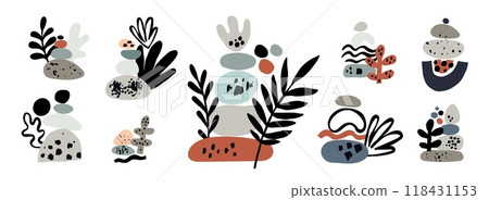 Abstract balance pebble stones. Trendy contemporary compositions with hand drawn elements. Primitive forms and textures. Cobbles pyramid. Plant leaves. Amorphous figures. Garish vector set Abstract balance pebble stones. Trendy contemporary compositions with hand drawn elements. Primitive forms and textures. Cobbles pyramid. Plant leaves. Amorphous figures. Garish vector set 118431153