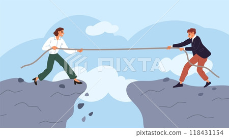 Business rivalry and competition. Office staff tug of war over precipice. Businessman overcome problems and difficulties. Company colleagues conflict. Pulling rope. Garish vector concept Business rivalry and competition. Office staff tug of war over precipice. Businessman overcome problems and difficulties. Company colleagues conflict. Pulling rope. Garish vector concept 118431154