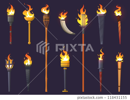 Cartoon ancient torches. Medieval burning lanterns. Burning fire. Lamp flames. Stone and smoldering wooden sticks with metal elements. PC game inventory. Old fiery lights vector set 118431155