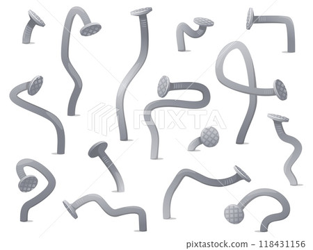 Cartoon bent nails. Hammered hobnails. Metal hardware spikes and hobnails. Checkered heads. Building fasteners. Broken pins. Industrial tools. Carpentry curved fastening elements vector set Cartoon bent nails. Hammered hobnails. Metal hardware spikes and hobnails. Checkered heads. Building fasteners. Broken pins. Industrial tools. Carpentry curved fastening elements vector set 118431156