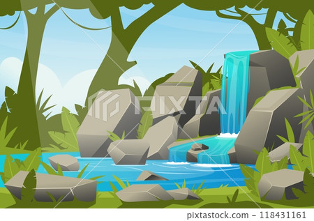 Cartoon waterfall landscape. Jungle background with river cascade flows down rocks. Natural area. Water flowing in mountains. Creek streams. Scenic panorama. Vector rainforest scenery Cartoon waterfall landscape. Jungle background with river cascade flows down rocks. Natural area. Water flowing in mountains. Creek streams. Scenic panorama. Vector rainforest scenery 118431161
