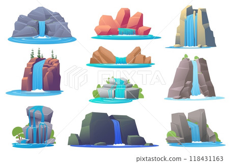 Cartoon waterfalls. Beautiful river cascades. Water flowing down in mountains. Stream on stones and cliffs. Wild nature rocks. Creek falling. Scenic scenery. Landscapes elements vector set 118431163