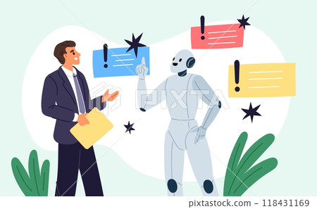 Human collaboration with artificial intelligence. Businessman talking to robot. Cyborg sharing ideas. Android and employee cooperation. Business communication. Garish vector concept 118431169