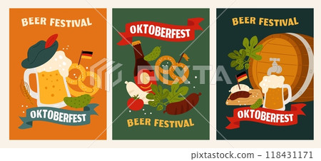 Oktoberfest beer holiday cards. Traditional drink festival. Pint mugs with foam drink. Pretzels and Bavarian sausages. German alcohol party. Brewery barrel. Garish vector banners set 118431171