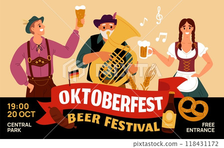 Oktoberfest invitational poster. Happy festival participants with beer pint mugs. Funny characters in traditional Bavarian costumes. German brewery holiday card. Garish vector concept 118431172