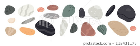 Pebble stones. Smooth rocks rolled by sea. Rounded gravel with textures. Different abstract shapes. Natural formations. Oval solid boulders. Spa cobblestones. Garish vector geologic set 118431173