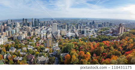 Aerial view of Downtown Montreal city skyline panorama in autumn sunny day. Mount Royal, Montreal, Quebec, Canada. Aerial view of Downtown Montreal city skyline panorama in autumn sunny day. Mount Royal, Montreal, Quebec, Canada. 118431175