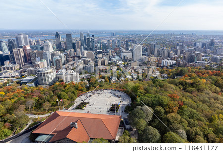 Aerial view Downtown Montreal city skyline panorama in autumn. Mount Royal Chalet, Kondiaronk Belvedere lookout square. Quebec, Canada. 118431177