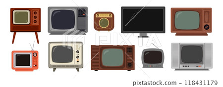 Retro televisions. Old media communication system. Modern and tube video technic. Wooden case with convex glass. TV watching. Show broadcast. Obsolete analog display. Garish vector set 118431179