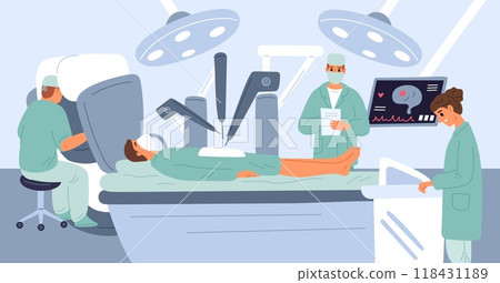 Surgeons perform surgery. Doctors making operation. Control of medical lasers. Operating table. Future technology. Robot arms manipulating. Innovative medicine. Garish vector concept Surgeons perform surgery. Doctors making operation. Control of medical lasers. Operating table. Future technology. Robot arms manipulating. Innovative medicine. Garish vector concept 118431189
