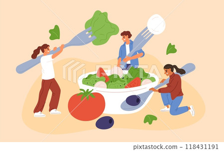 Tiny people make large salad bowl from vegetables. Guys and girls with big cutlery. Lunch food. Men hold spoons. Women eat with forks. Fresh tomato. Lettuce leaves. Garish vector concept 118431191