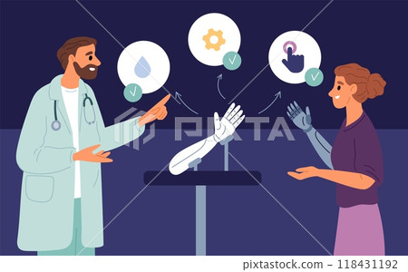 Woman tries on bionic prosthesis. Future technologies. Patient testing plastic mechanical arm. Innovative medicine. Prosthetic exoskeleton. Artificial hand exam. Garish vector concept 118431192