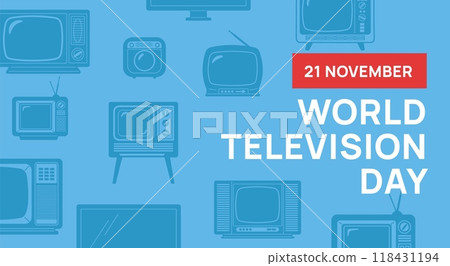 World television Day banner. Greeting card. Old video communication system. News and entertainment programs broadcast. Analog TV screens. Media technology. Garish vector background World television Day banner. Greeting card. Old video communication system. News and entertainment programs broadcast. Analog TV screens. Media technology. Garish vector background 118431194