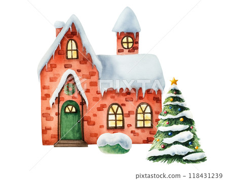 Winter snow-covered house. Christmas tree watercolor, hand painted illustration isolated on background. For designers, decoration, shop, for postcards, wrapping paper, covers. For posters and textile 118431239