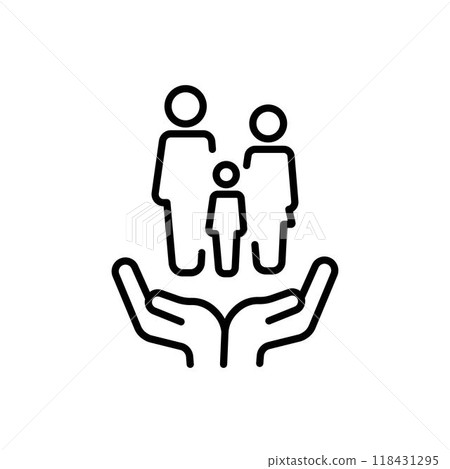 Thin Outline Icon Two Hands Holding or Hugging Group People Symbol or Family Line Sign Group Life Insurance, Caring Hands Family Medicine Vector Isolated Pictogram on White Background Editable Stroke. 118431295