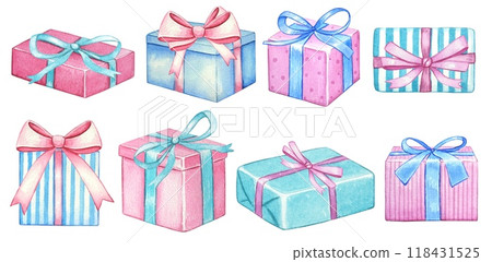 Hand drawn set with a gift boxes. Watercolor illustration Hand drawn set with a gift boxes. Watercolor illustration 118431525