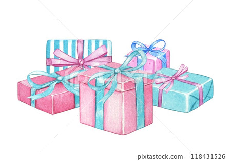 Hand drawn pink, blue gift boxes. Watercolor illustration Hand drawn pink, blue gift boxes. Watercolor illustration 118431526