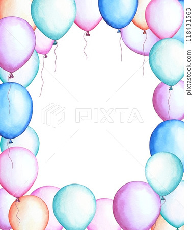 Hand drawn frame with balloons in pastel colors. Watercolor illustration Hand drawn frame with balloons in pastel colors. Watercolor illustration 118431563
