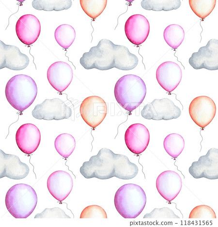 Seamless pattern with pink air balloons, clouds, watercolor illustration Seamless pattern with pink air balloons, clouds, watercolor illustration 118431565