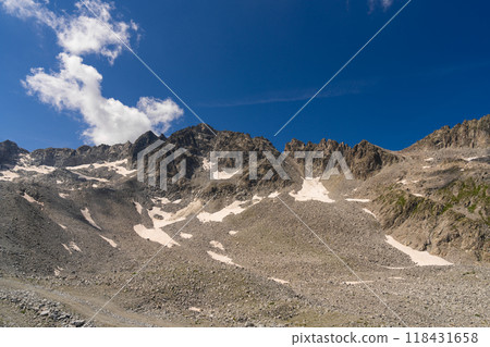Rocky Mountain Terrain with Snow Patches Under a Clear Blue Sky Rocky Mountain Terrain with Snow Patches Under a Clear Blue Sky 118431658