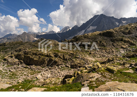 Rugged Mountain Landscape with Rocky Terrain and Majestic Peaks 118431676