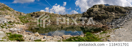 Small mountain lake reflecting rocky hills in a serene alpine landscape 118431701