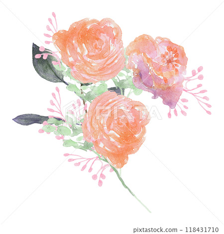 A simple illustration of pink flowers and roses painted in watercolor 118431710