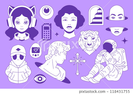 Y2k psychedelic retro tattoo funky groovy line sticker set vector flat illustration Y2k psychedelic retro tattoo funky groovy line sticker set vector flat illustration 118431755