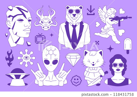 Y2k comic neo gothic glam Kawaii retro groovy line icon set contemporary pop art concept vector flat 118431758