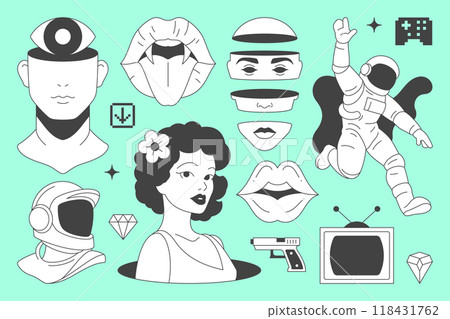 Y2k psychedelic comic minimal line icon contemporary pop art concept set vector flat illustration 118431762